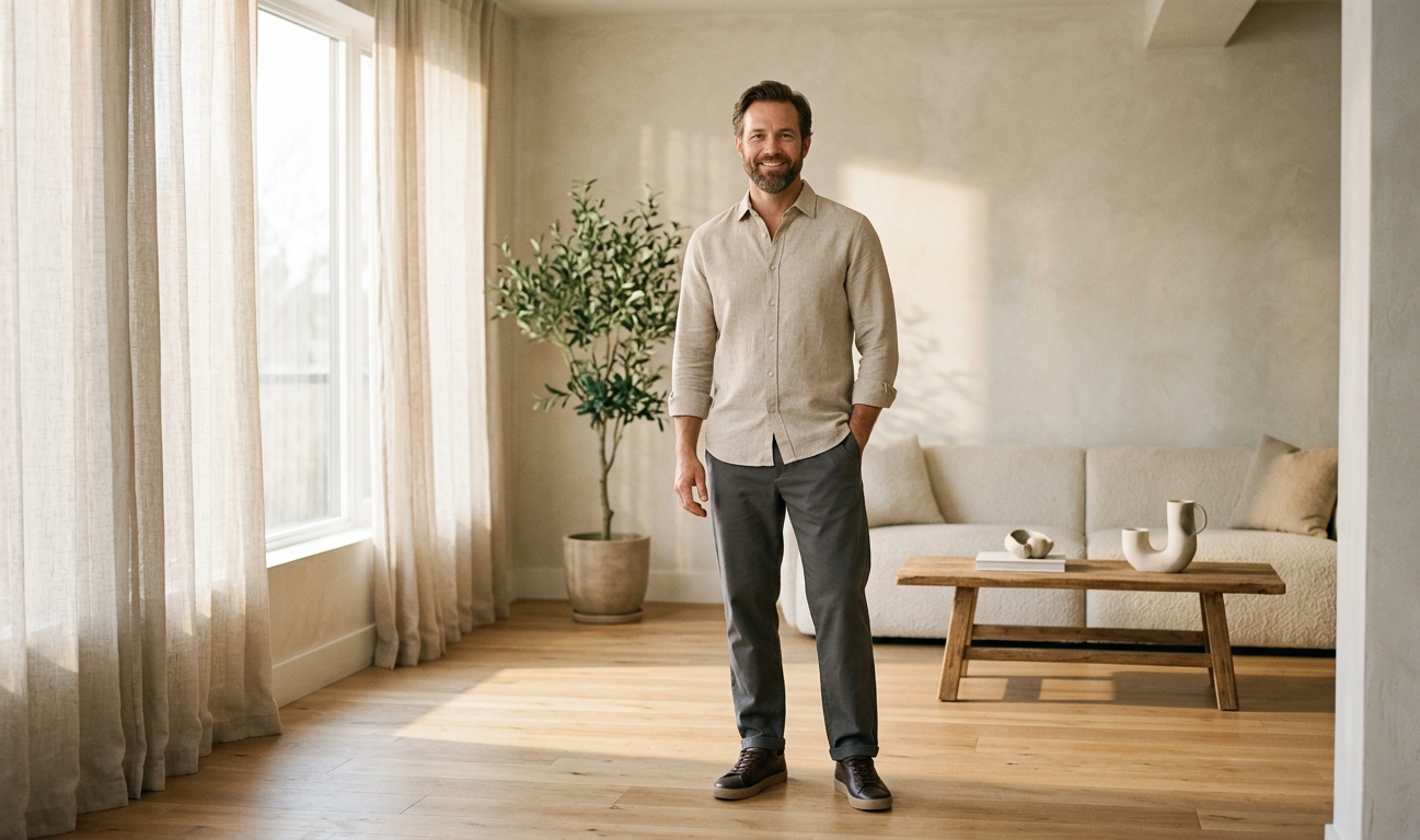Una persona in abiti semplici ed eleganti in un interno minimalista con luce mattutina